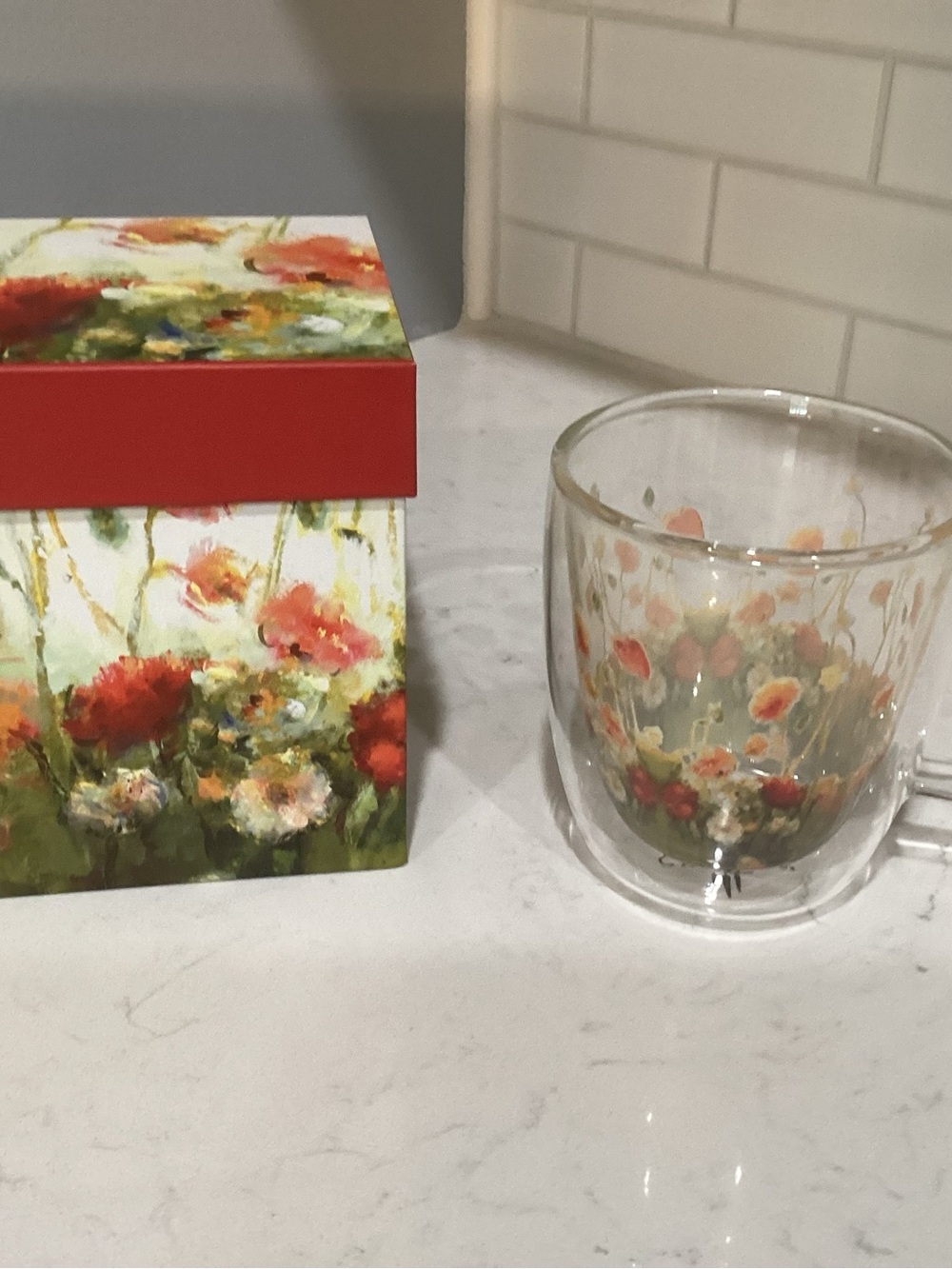 Refresh Floral Glass Mug with Red and Green Accents